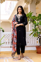 Sonakshi Women's Black Viscose Chanderi Embroidered Kurta Set with Dupatta | Grocsy