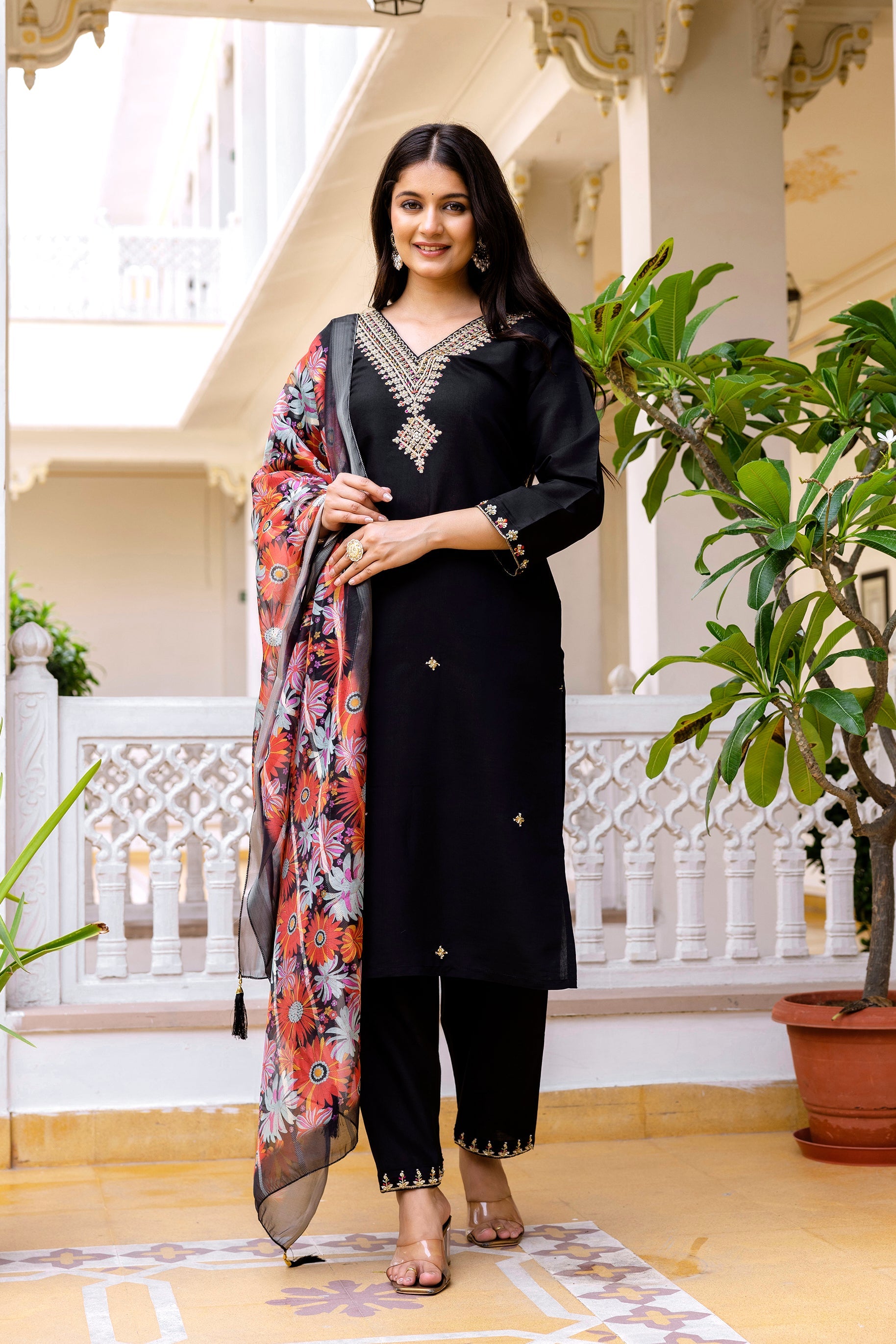 Sonakshi Women's Black Viscose Chanderi Embroidered Kurta Set with Dupatta | Grocsy