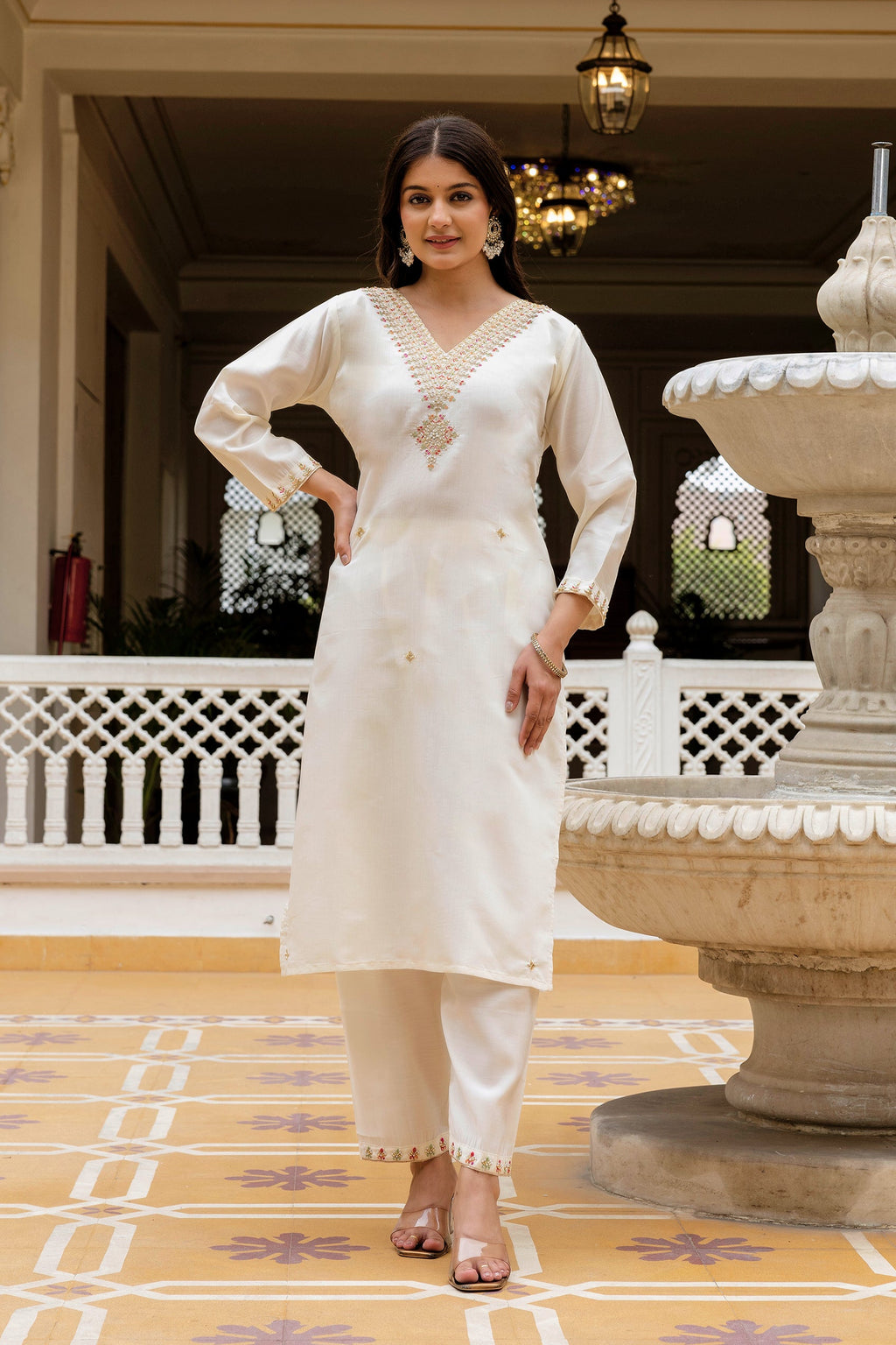Sonakshi Women's White Viscose Chanderi Embroidered Kurta Set with Dupatta | Grocsy