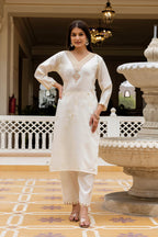 Sonakshi Women's White Viscose Chanderi Embroidered Kurta Set with Dupatta | Grocsy
