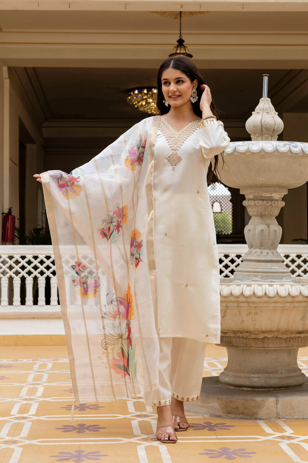 Sonakshi Women's White Viscose Chanderi Embroidered Kurta Set with Dupatta | Grocsy