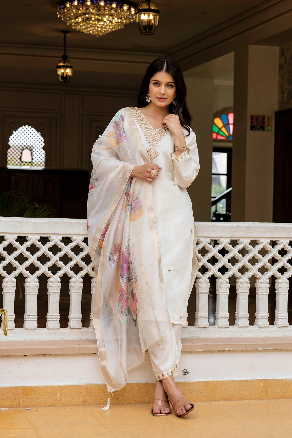 Sonakshi Women's White Viscose Chanderi Embroidered Kurta Set with Dupatta | Grocsy