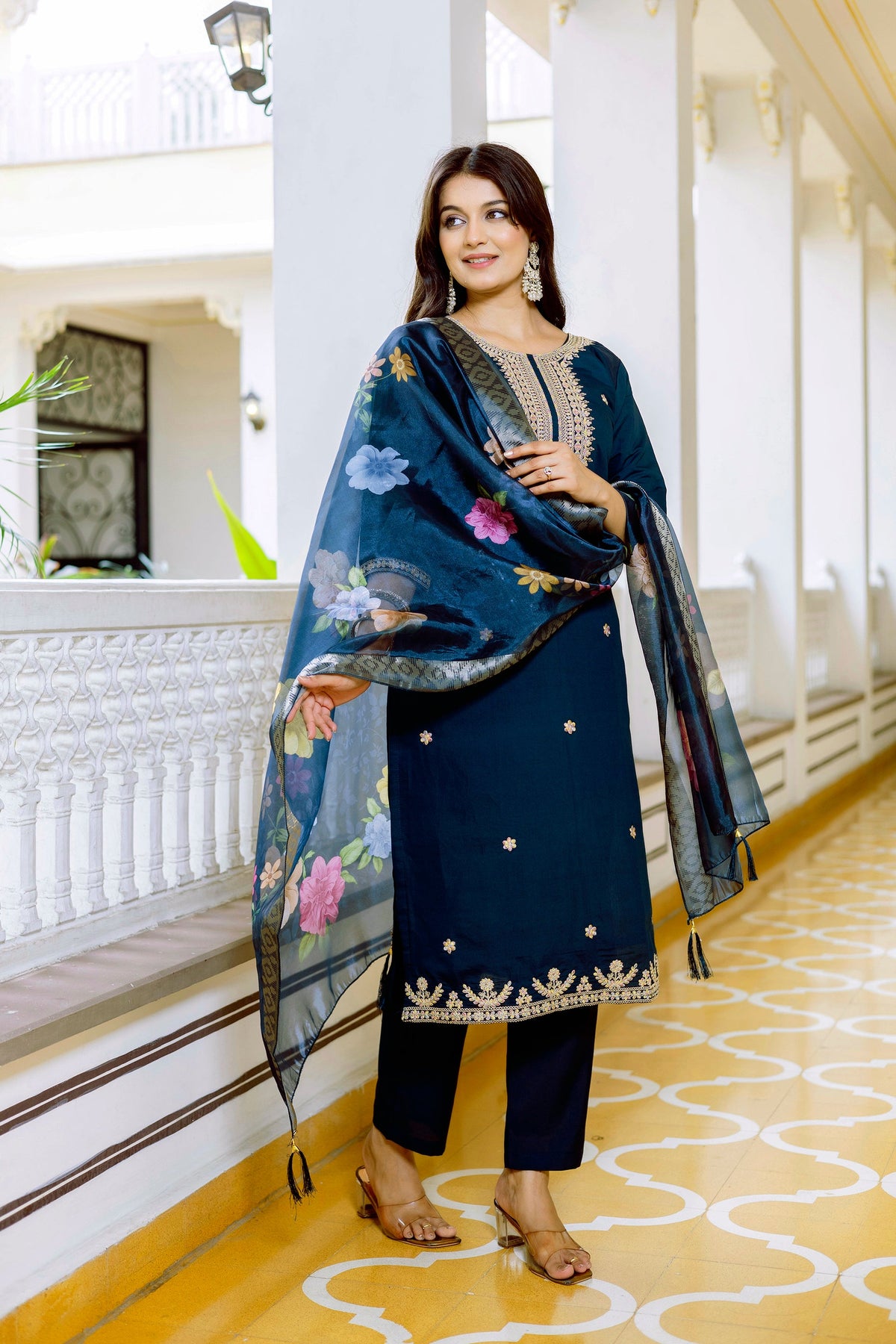 Sonakshi Women's Navy Blue Viscose Chanderi Embroidered Kurta Set with Dupatta | Grocsy