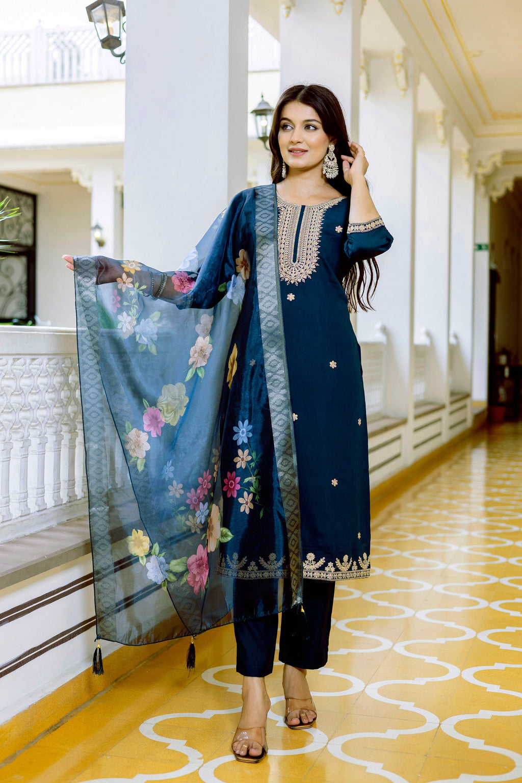 Sonakshi Women's Navy Blue Viscose Chanderi Embroidered Kurta Set with Dupatta | Grocsy
