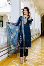 Sonakshi Women's Navy Blue Viscose Chanderi Embroidered Kurta Set with Dupatta | Grocsy