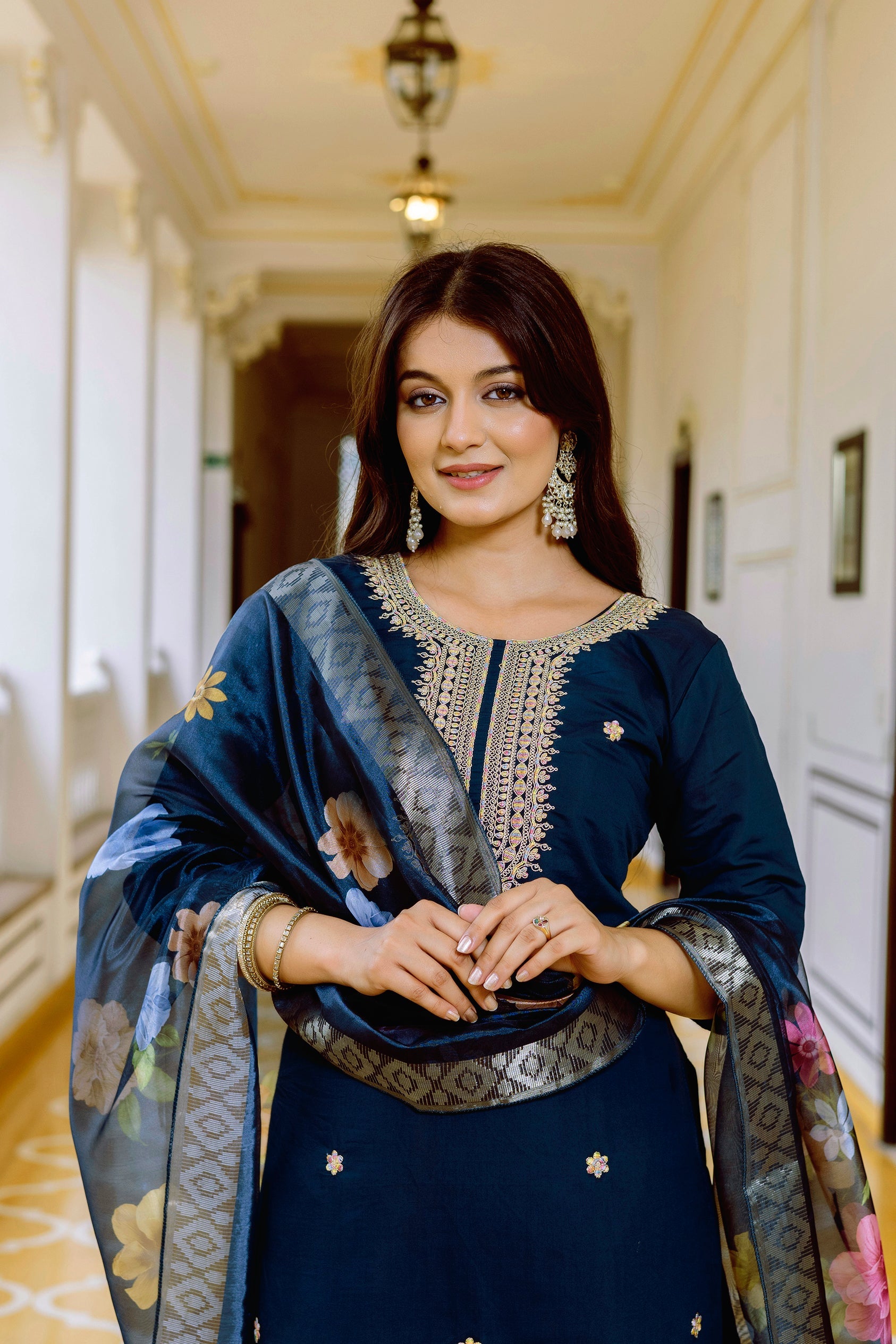 Sonakshi Women's Navy Blue Viscose Chanderi Embroidered Kurta Set with Dupatta | Grocsy