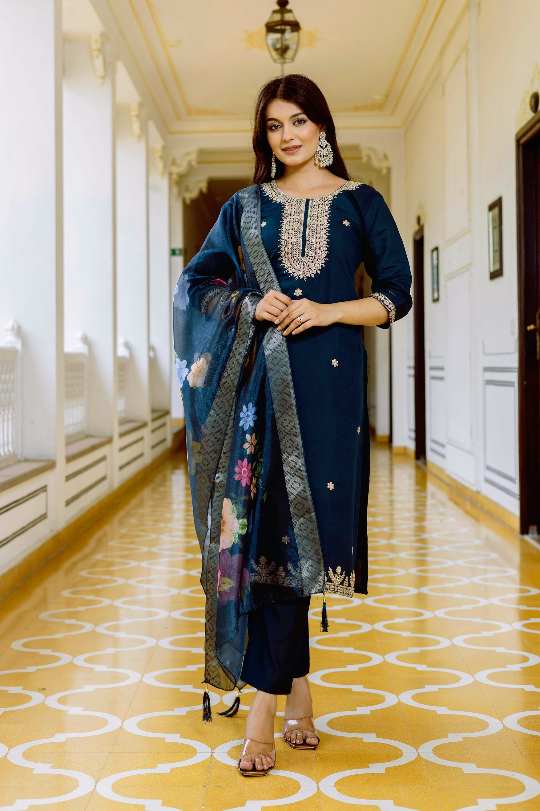 Sonakshi Women's Navy Blue Viscose Chanderi Embroidered Kurta Set with Dupatta | Grocsy