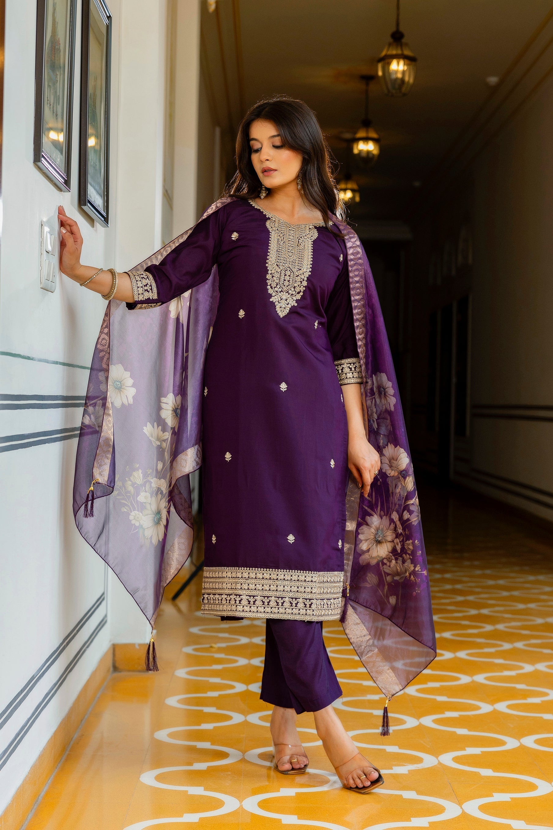 Sonakshi Women's Purple Viscose Chanderi Embroidered Kurta Set with Dupatta | Grocsy