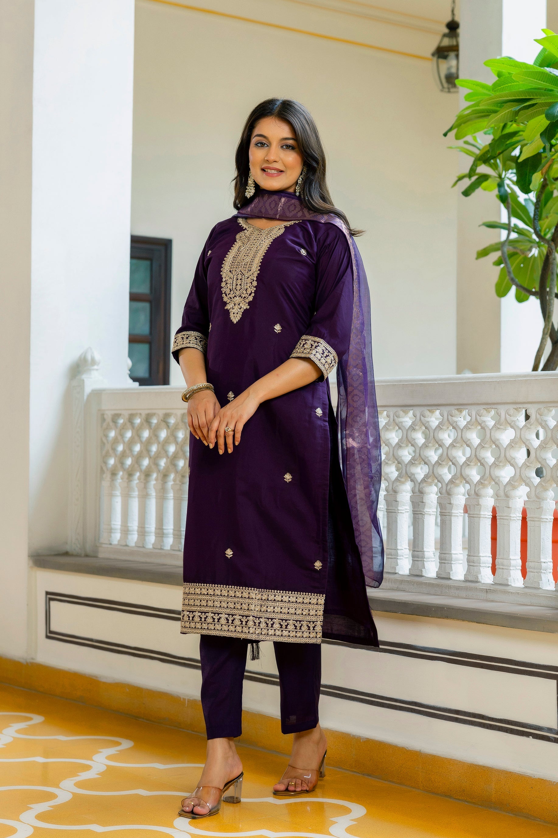 Sonakshi Women's Purple Viscose Chanderi Embroidered Kurta Set with Dupatta | Grocsy