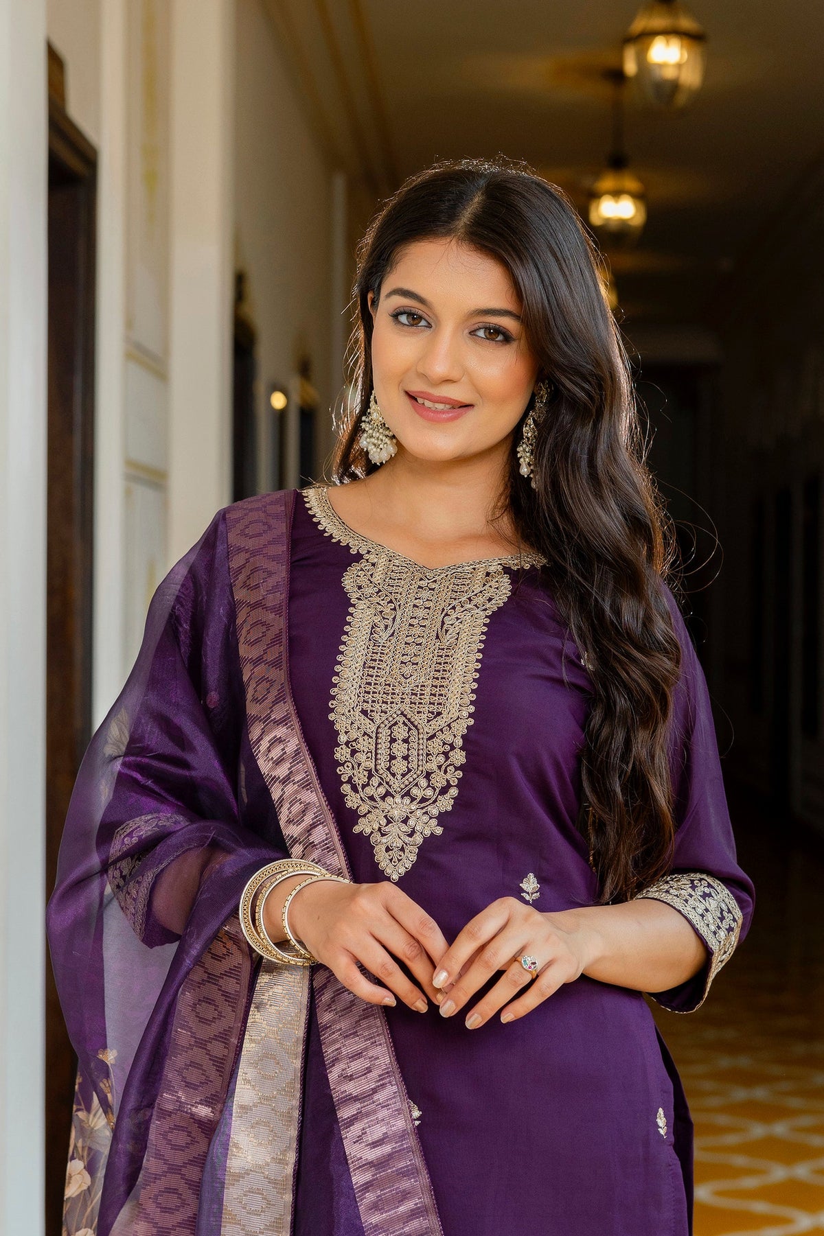Sonakshi Women's Purple Viscose Chanderi Embroidered Kurta Set with Dupatta | Grocsy