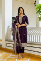 Sonakshi Women's Purple Viscose Chanderi Embroidered Kurta Set with Dupatta | Grocsy