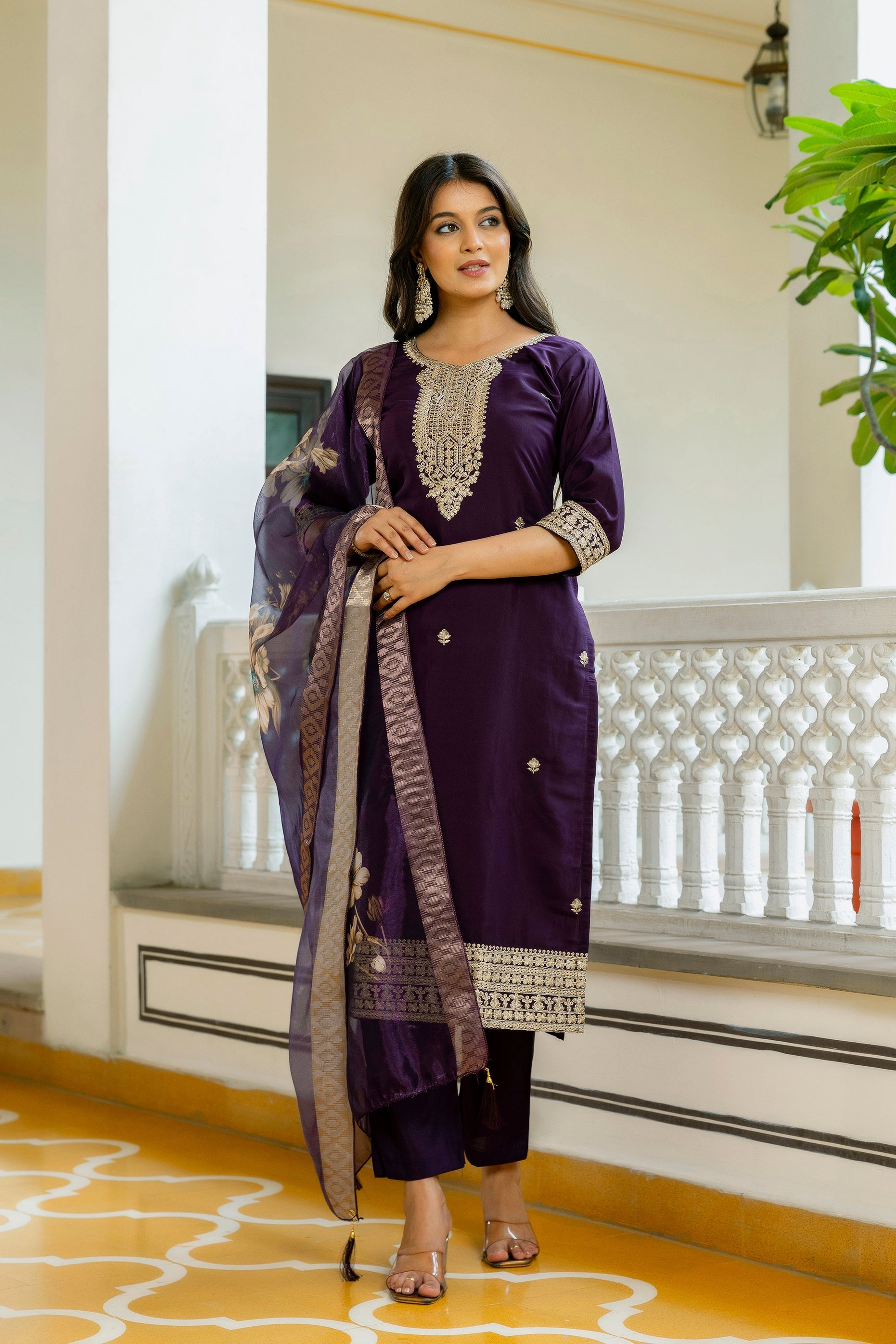 Sonakshi Women's Purple Viscose Chanderi Embroidered Kurta Set with Dupatta | Grocsy