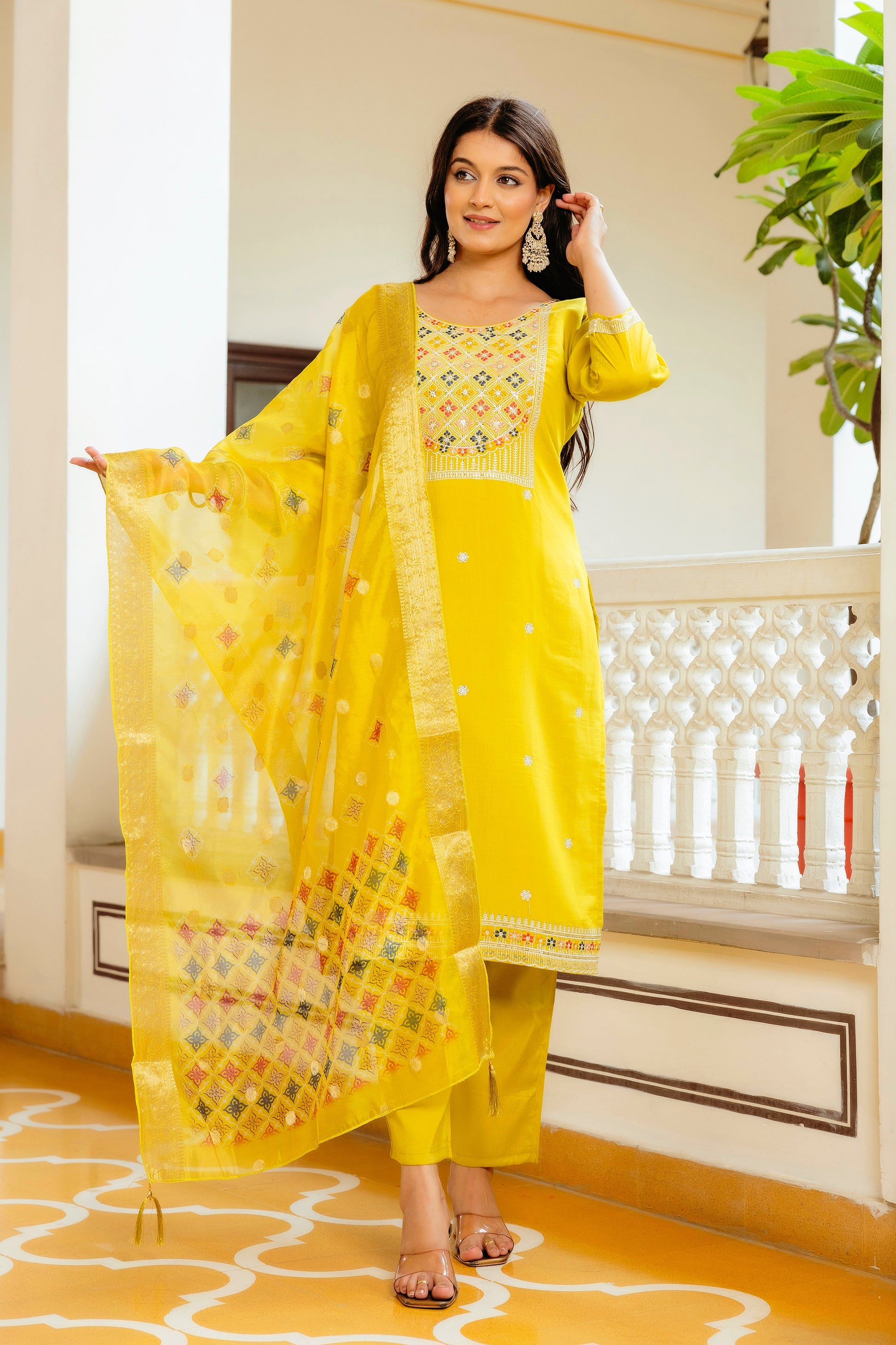 Sonakshi Women's Yellow Viscose Shimmer Embroidered Kurta Set with Dupatta | Grocsy