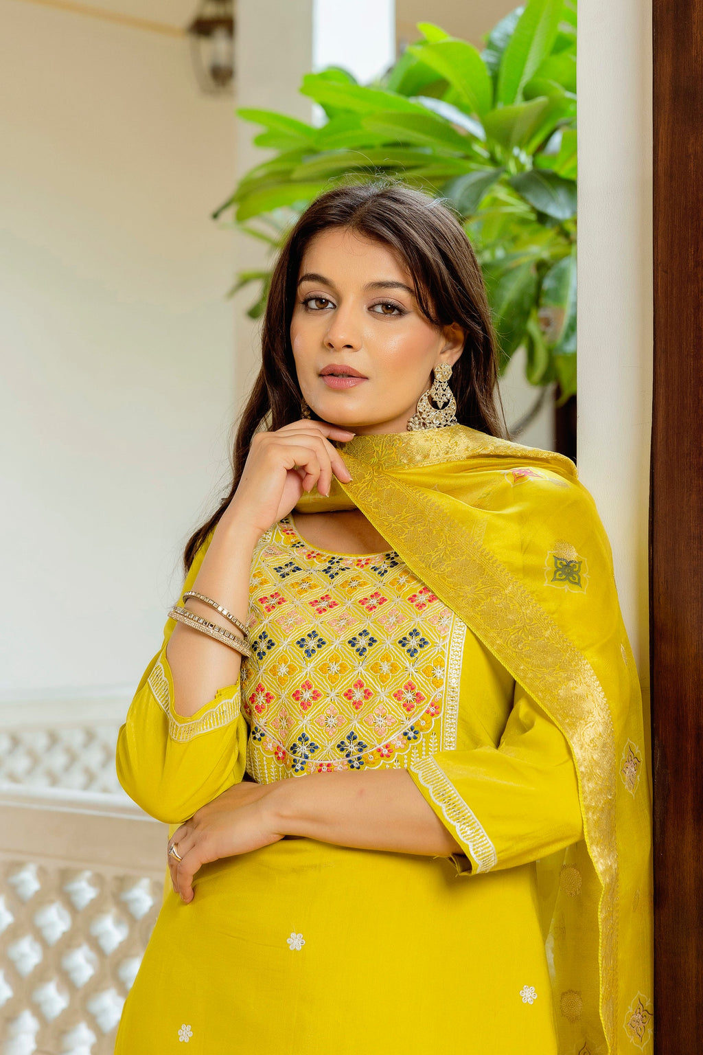 Sonakshi Women's Yellow Viscose Shimmer Embroidered Kurta Set with Dupatta | Grocsy