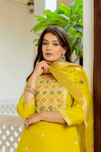 Sonakshi Women's Yellow Viscose Shimmer Embroidered Kurta Set with Dupatta | Grocsy