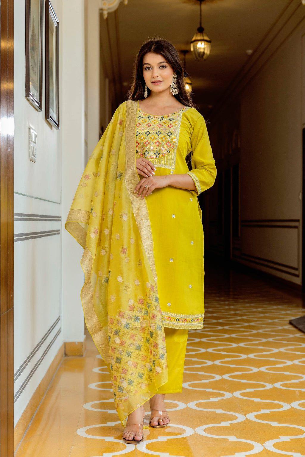 Sonakshi Women's Yellow Viscose Shimmer Embroidered Kurta Set with Dupatta | Grocsy