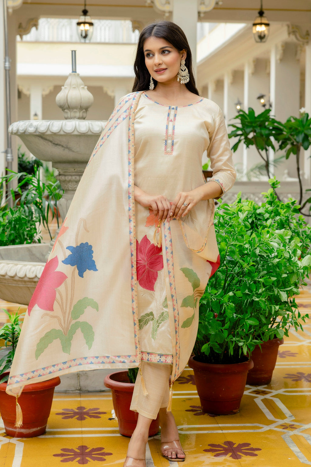 Sonakshi Women's Off White Viscose Assam Silk Embroidered Kurta Set with Dupatta | Grocsy