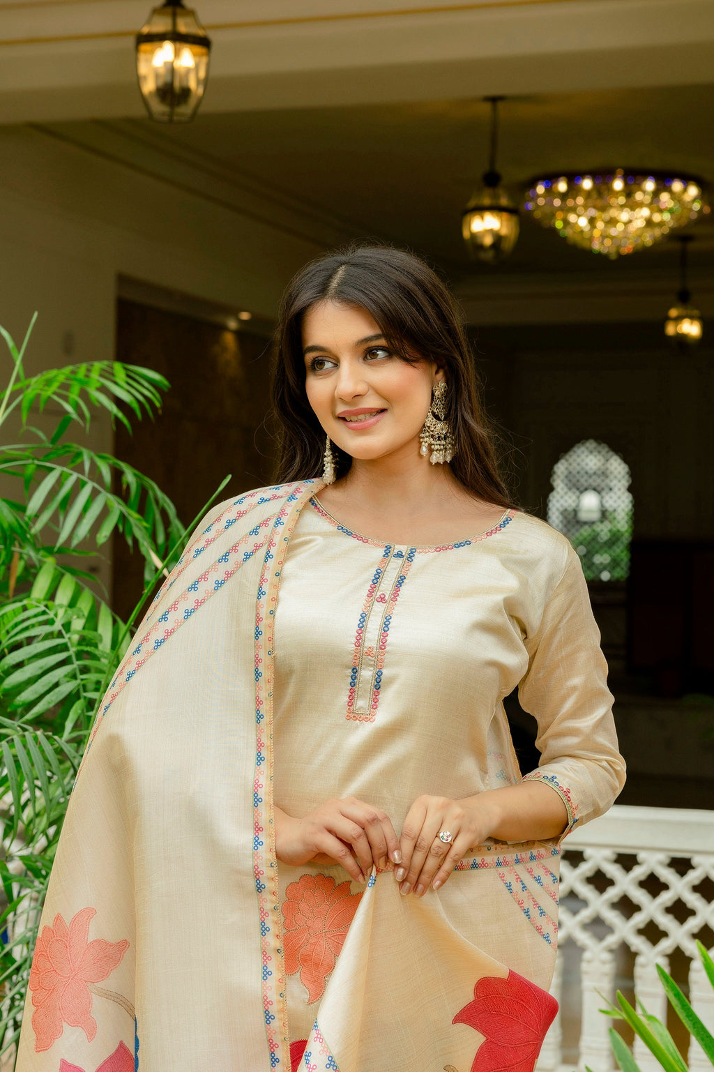 Sonakshi Women's Off White Viscose Assam Silk Embroidered Kurta Set with Dupatta | Grocsy