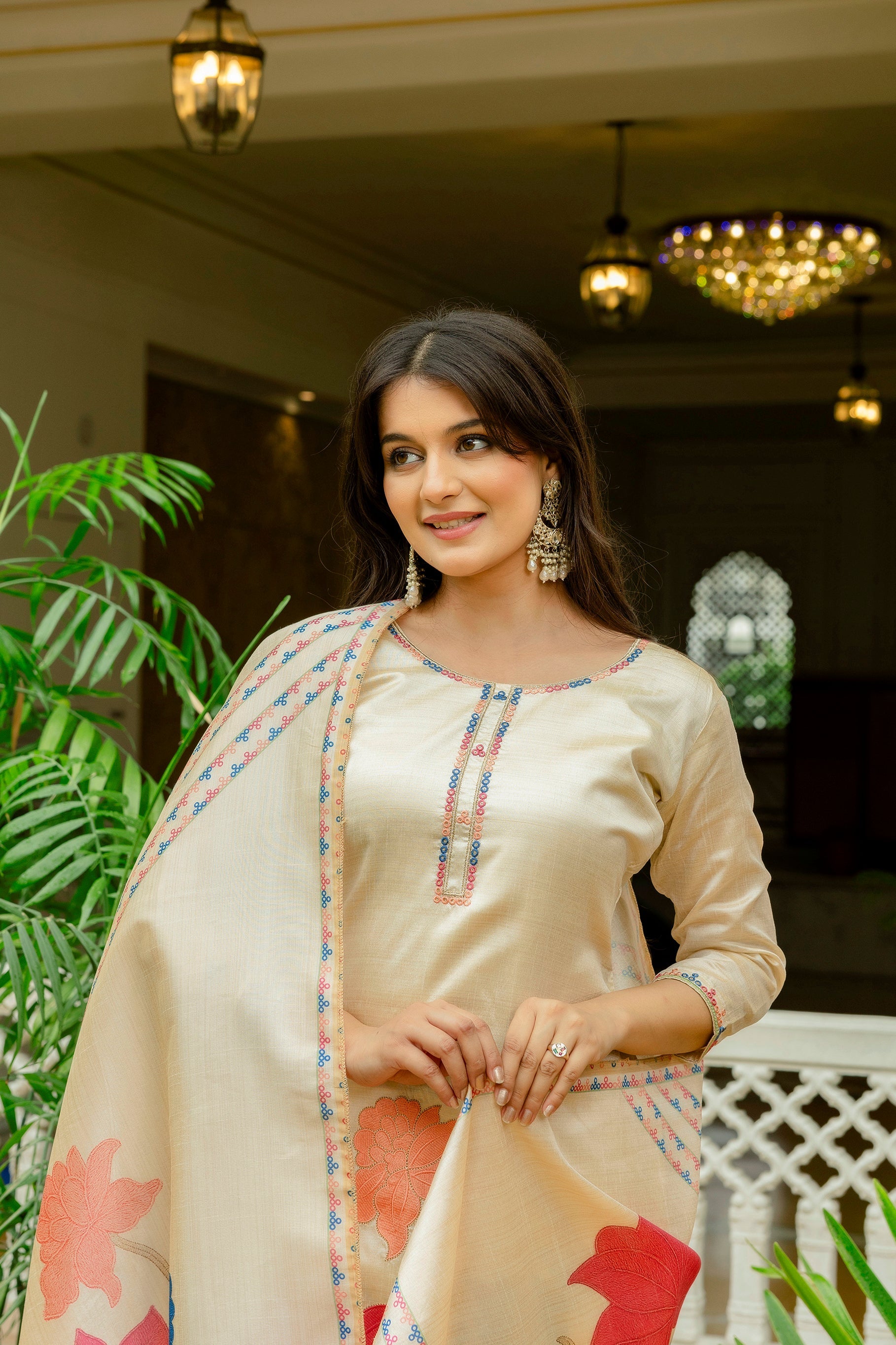 Sonakshi Women's Off White Viscose Assam Silk Embroidered Kurta Set with Dupatta | Grocsy