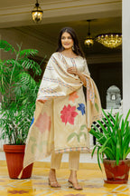 Sonakshi Women's Off White Viscose Assam Silk Embroidered Kurta Set with Dupatta | Grocsy