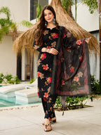 Sonakshi Women's Black Silk Blend Printed Kurta Set with Dupatta | Grocsy