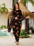 Sonakshi Women's Black Silk Blend Printed Kurta Set with Dupatta | Grocsy