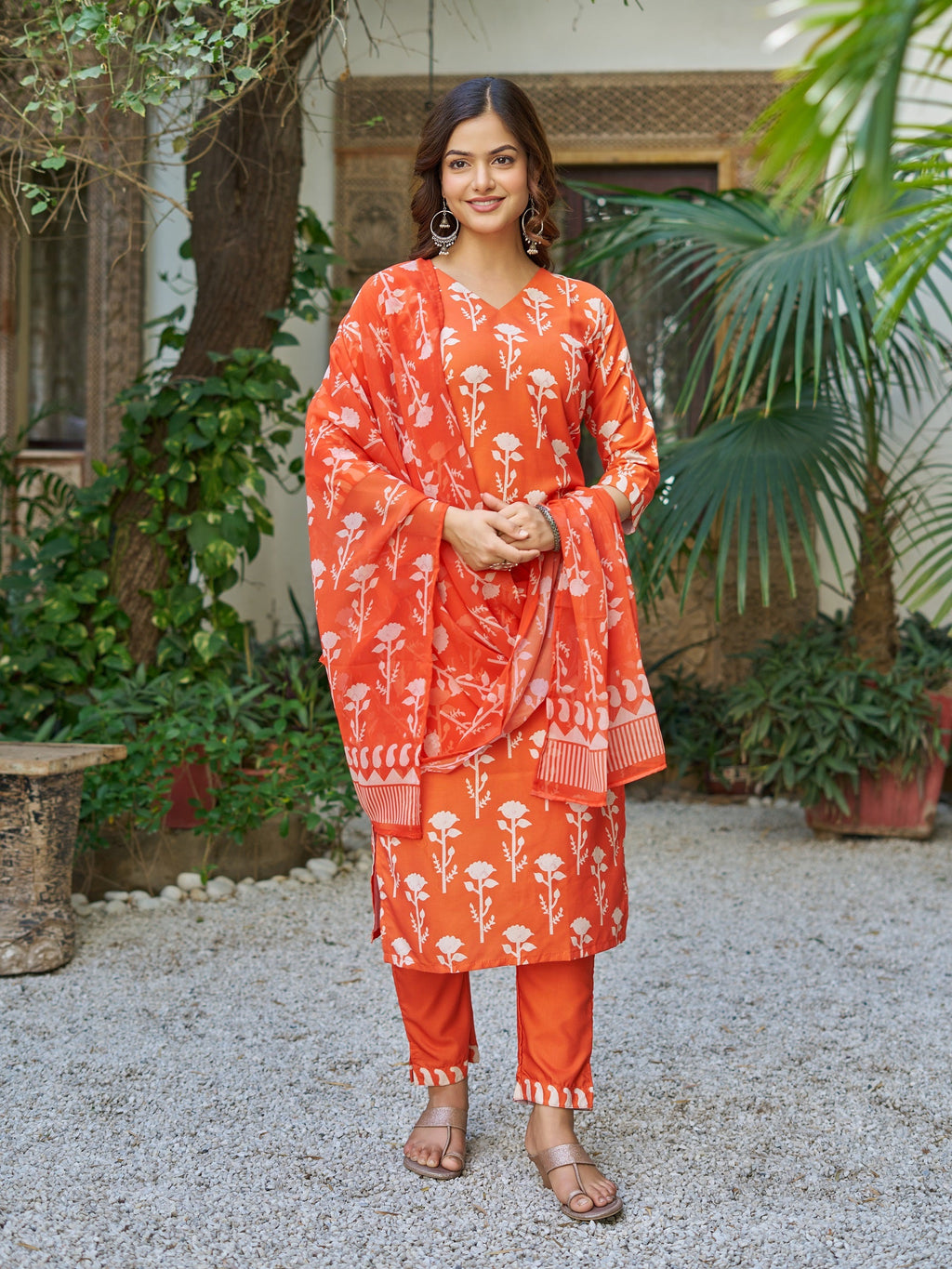Sonakshi Women's Orange Cotton Blend Printed Kurta Set with Dupatta | Grocsy