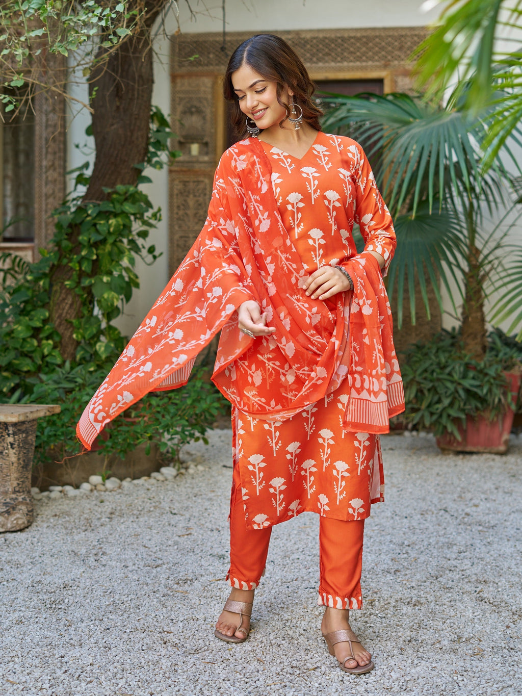 Sonakshi Women's Orange Cotton Blend Printed Kurta Set with Dupatta | Grocsy