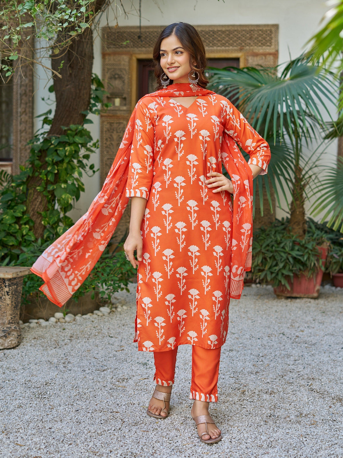 Sonakshi Women's Orange Cotton Blend Printed Kurta Set with Dupatta | Grocsy
