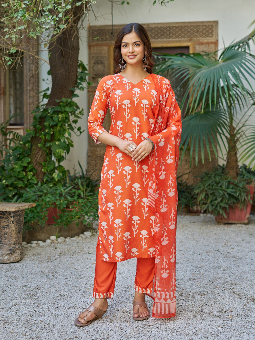 Sonakshi Women's Orange Cotton Blend Printed Kurta Set with Dupatta | Grocsy
