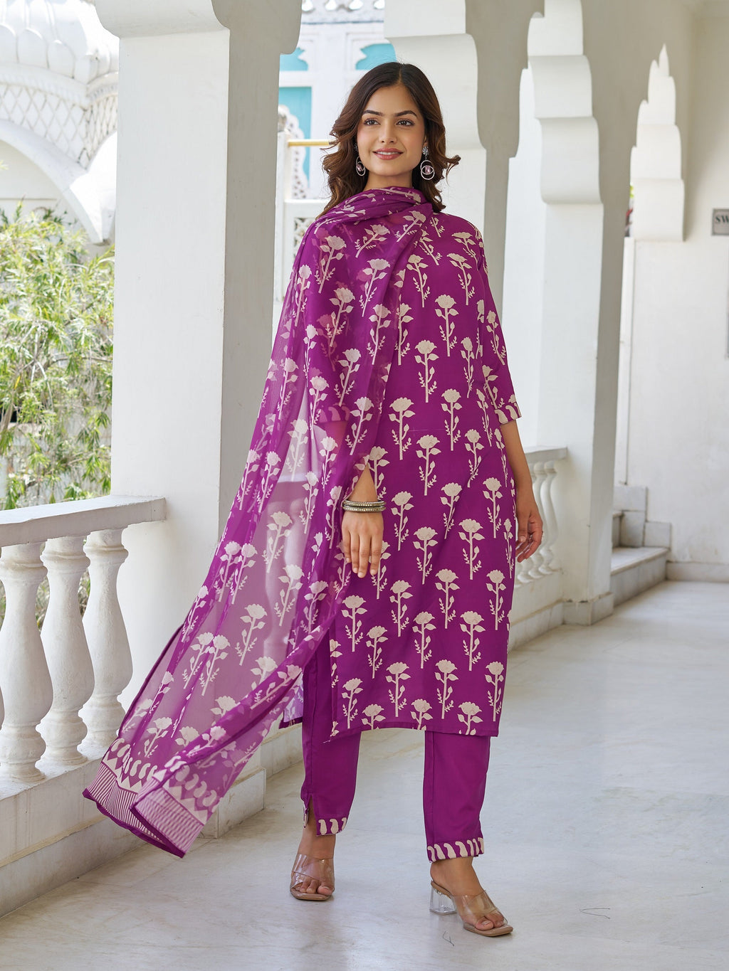 Sonakshi Women's Purple Cotton Blend Printed Kurta Set with Dupatta | Grocsy