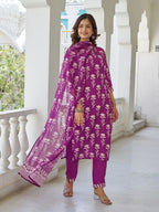 Sonakshi Women's Purple Cotton Blend Printed Kurta Set with Dupatta | Grocsy