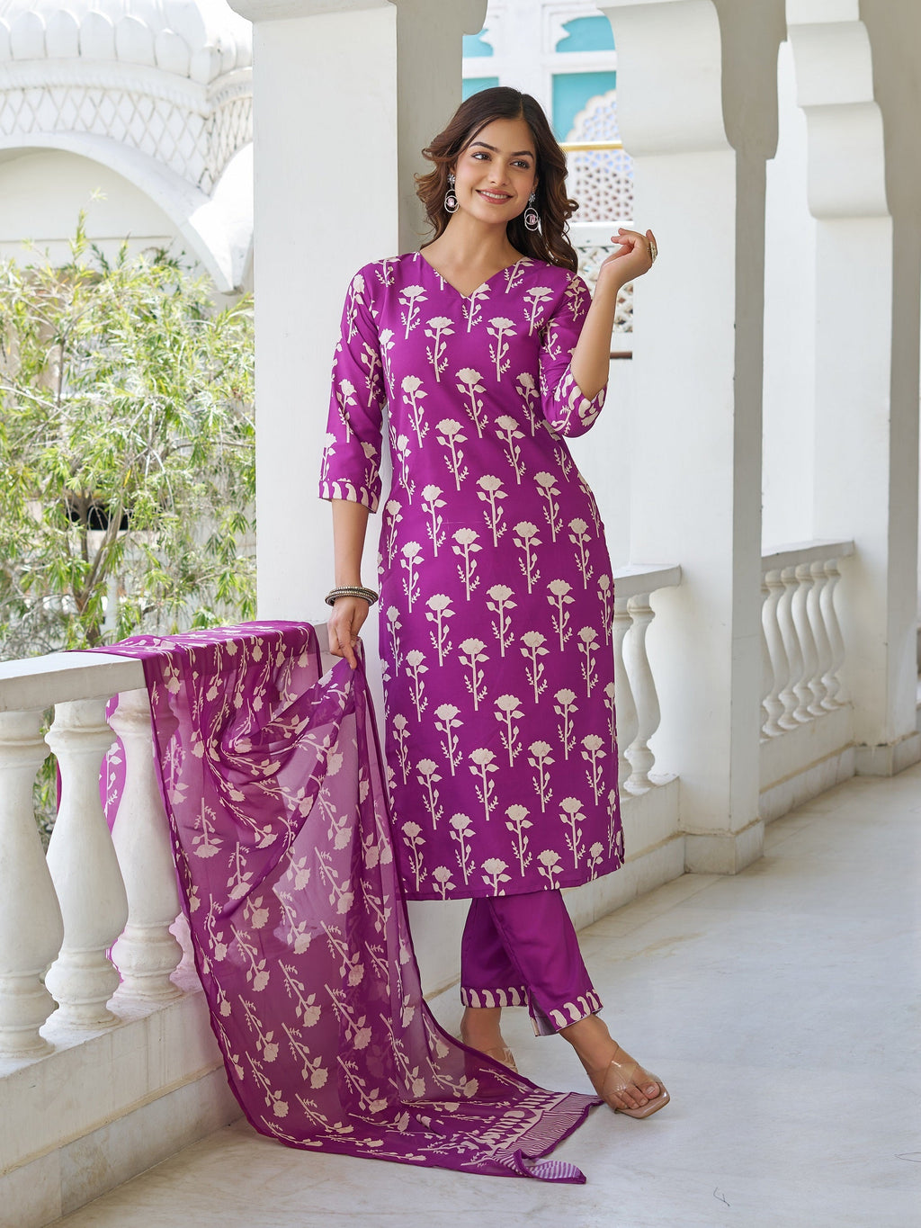 Sonakshi Women's Purple Cotton Blend Printed Kurta Set with Dupatta | Grocsy
