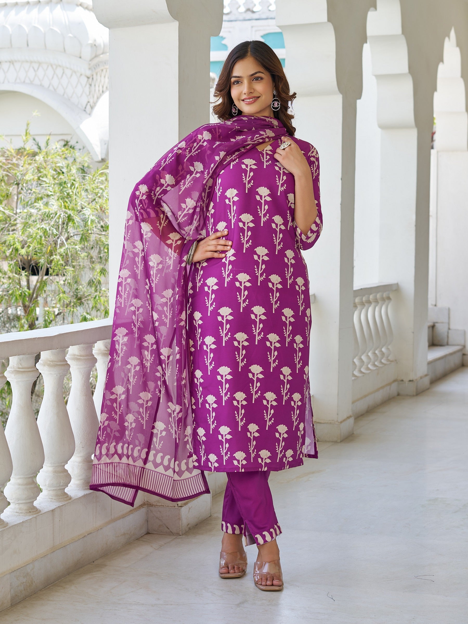 Sonakshi Women's Purple Cotton Blend Printed Kurta Set with Dupatta | Grocsy