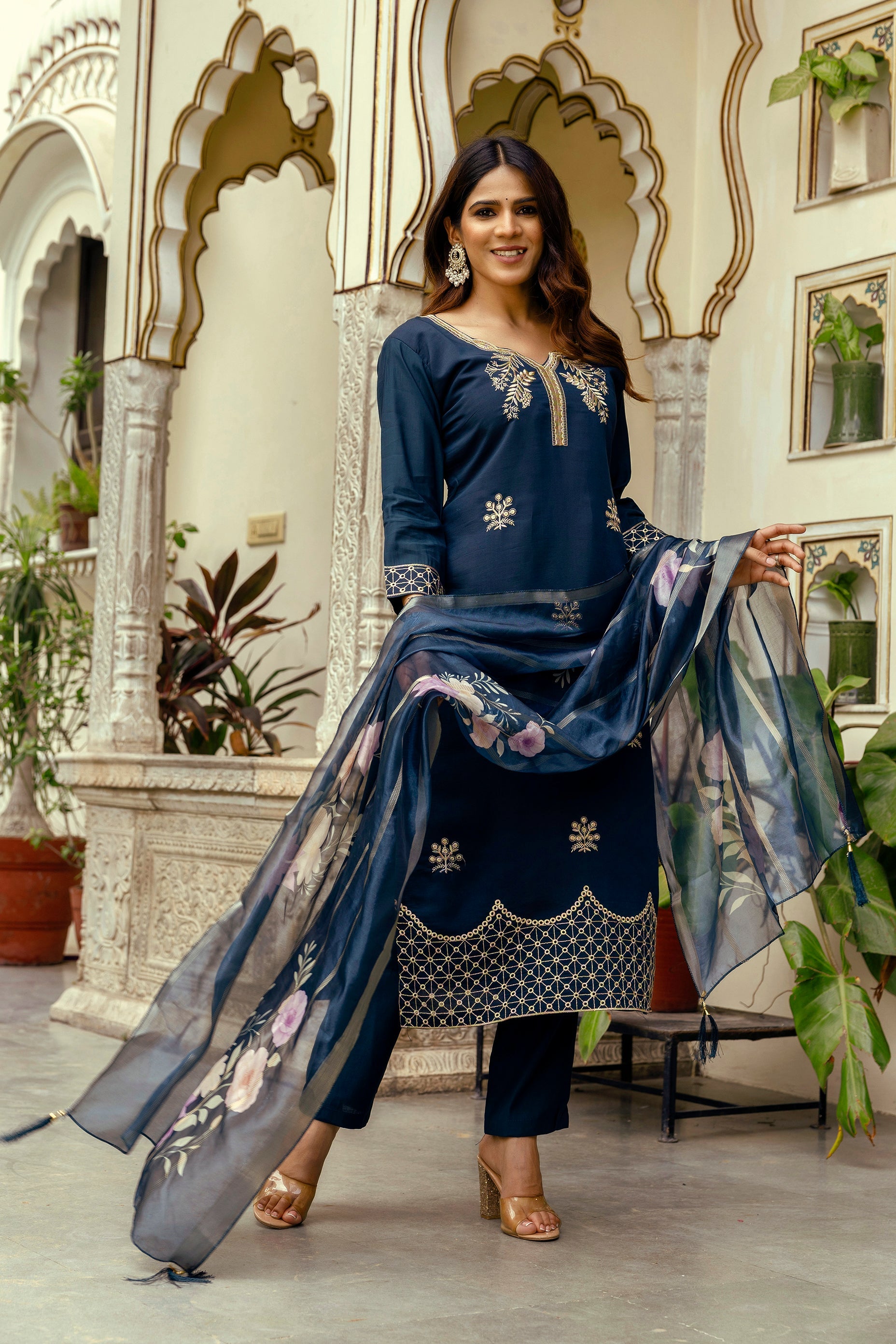 Sonakshi Women's Navy Blue Viscose Chanderi Embroidered Kurta Set with Dupatta | Grocsy