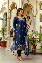 Sonakshi Women's Navy Blue Viscose Chanderi Embroidered Kurta Set with Dupatta | Grocsy