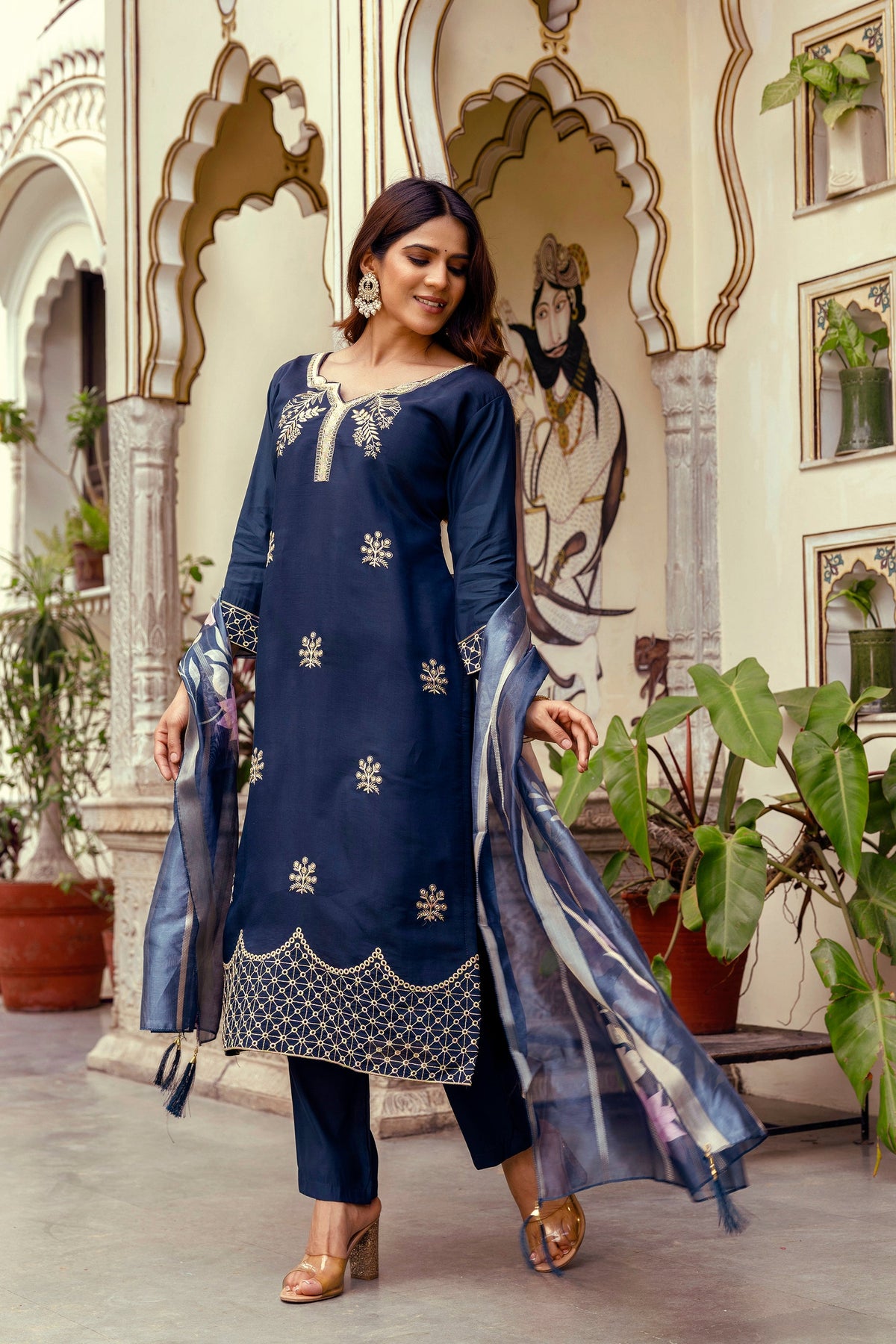 Sonakshi Women's Navy Blue Viscose Chanderi Embroidered Kurta Set with Dupatta | Grocsy