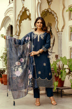 Sonakshi Women's Navy Blue Viscose Chanderi Embroidered Kurta Set with Dupatta | Grocsy