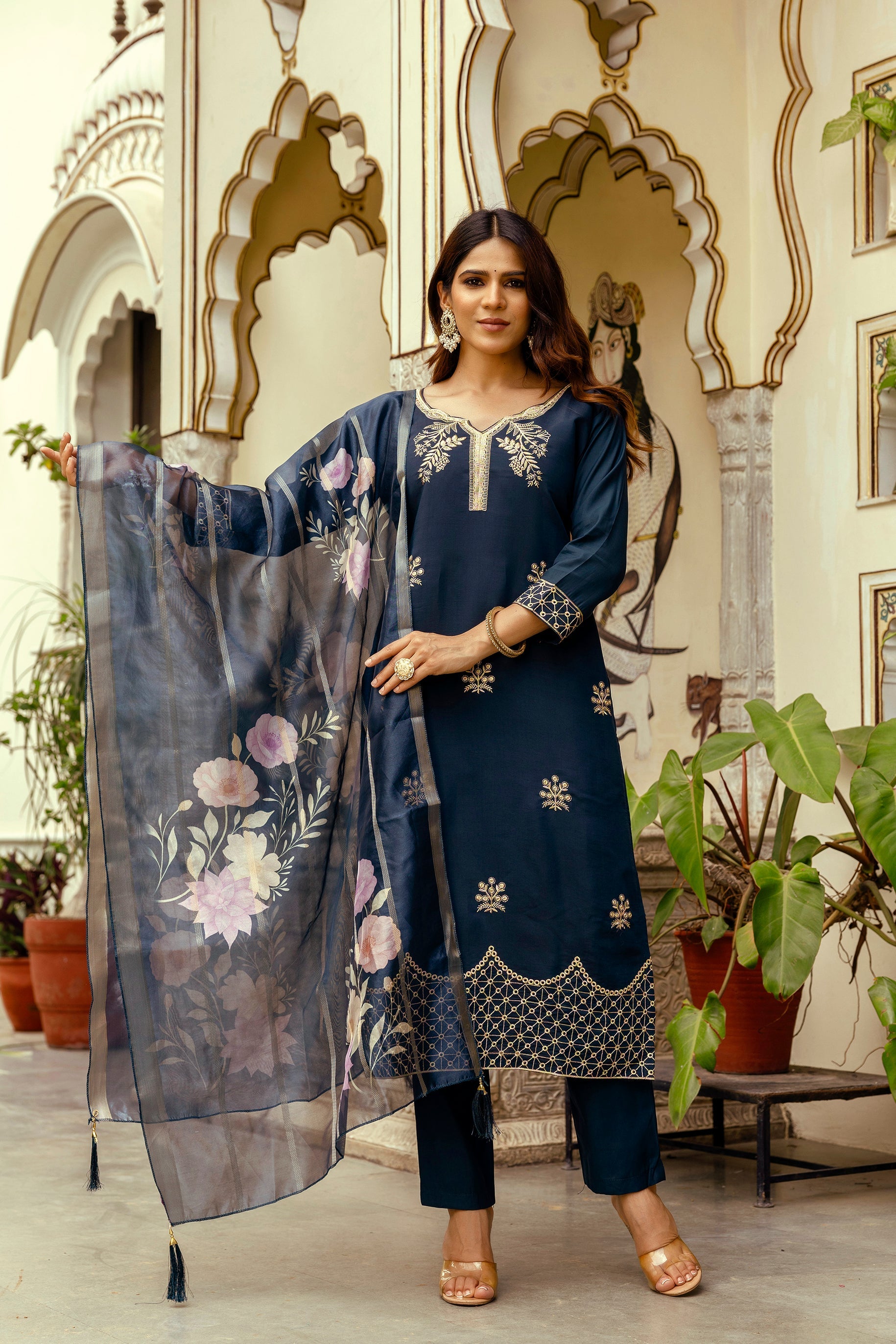 Sonakshi Women's Navy Blue Viscose Chanderi Embroidered Kurta Set with Dupatta | Grocsy