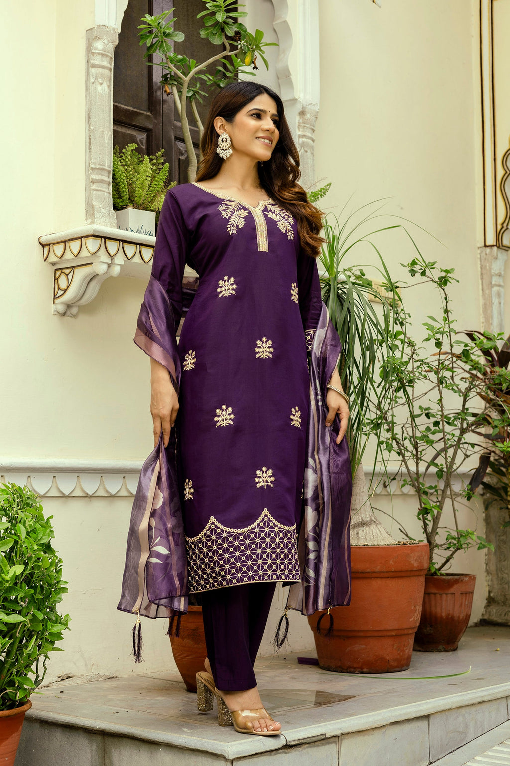 Sonakshi Women's Purple Viscose Chanderi Embroidered Kurta Set with Dupatta | Grocsy