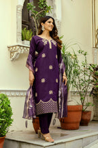 Sonakshi Women's Purple Viscose Chanderi Embroidered Kurta Set with Dupatta | Grocsy