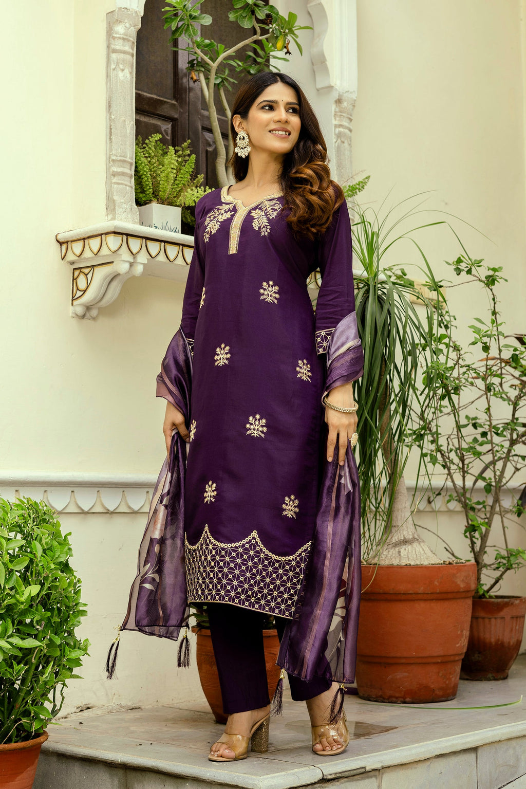 Sonakshi Women's Purple Viscose Chanderi Embroidered Kurta Set with Dupatta | Grocsy