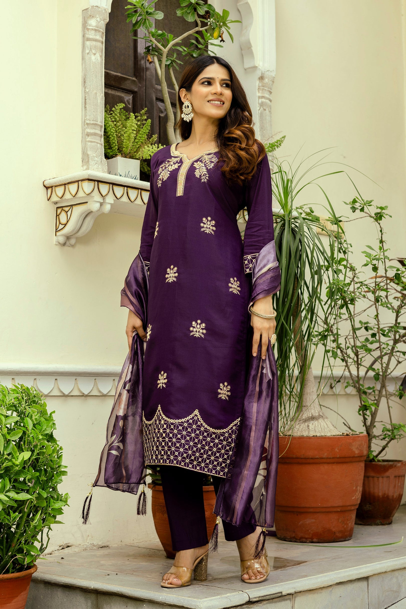 Sonakshi Women's Purple Viscose Chanderi Embroidered Kurta Set with Dupatta | Grocsy