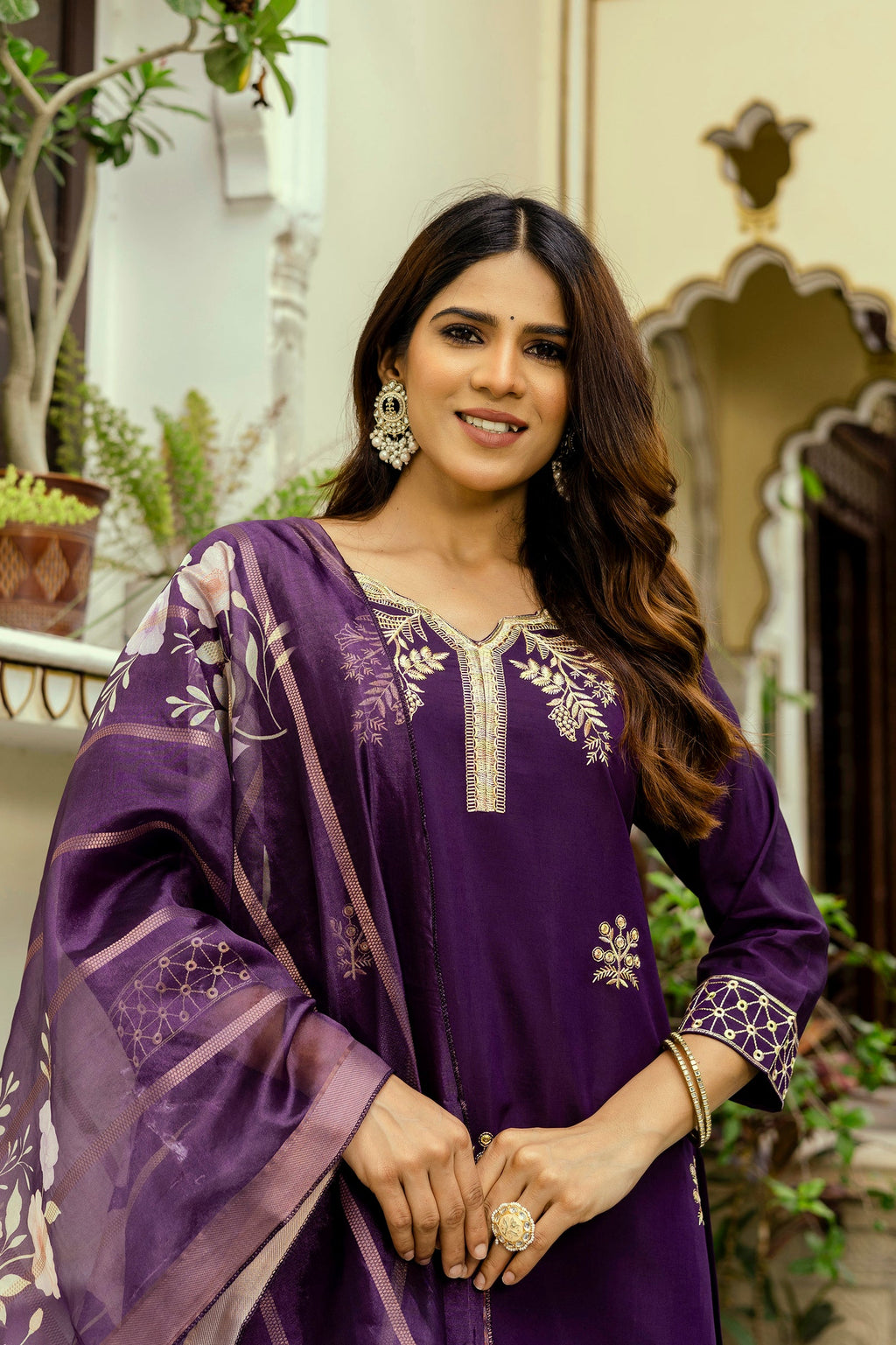 Sonakshi Women's Purple Viscose Chanderi Embroidered Kurta Set with Dupatta | Grocsy