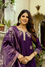 Sonakshi Women's Purple Viscose Chanderi Embroidered Kurta Set with Dupatta | Grocsy