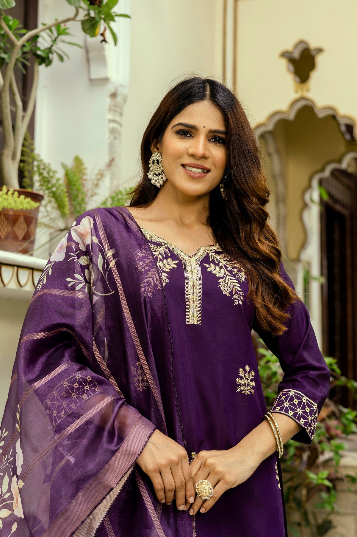 Sonakshi Women's Purple Viscose Chanderi Embroidered Kurta Set with Dupatta | Grocsy