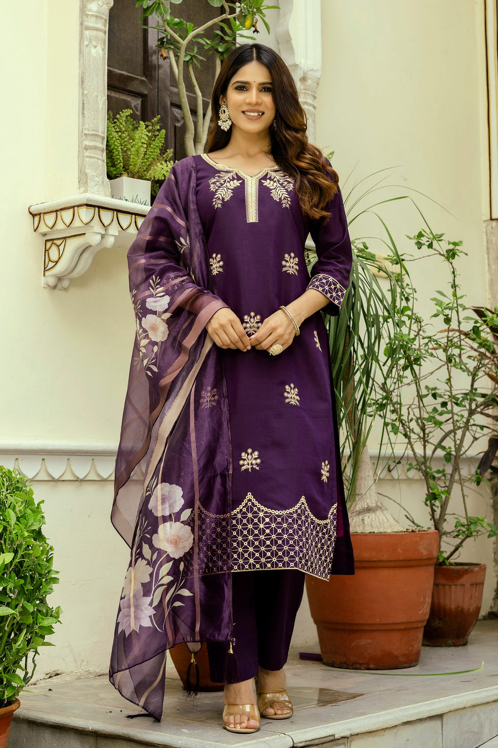 Sonakshi Women's Purple Viscose Chanderi Embroidered Kurta Set with Dupatta | Grocsy