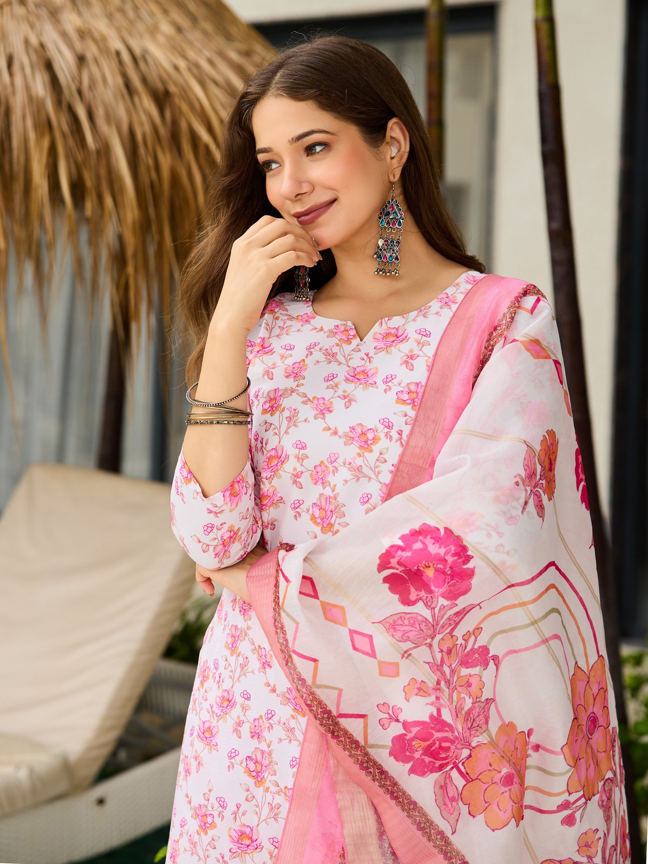 Sonakshi Women's Pink Silk Blend Printed Kurta Set with Dupatta | Grocsy