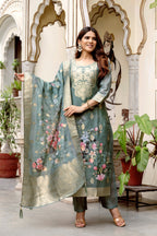 Sonakshi Women's Grey Chanderi Cotton Printed Kurta Set with Dupatta | Grocsy