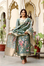 Sonakshi Women's Grey Chanderi Cotton Printed Kurta Set with Dupatta | Grocsy